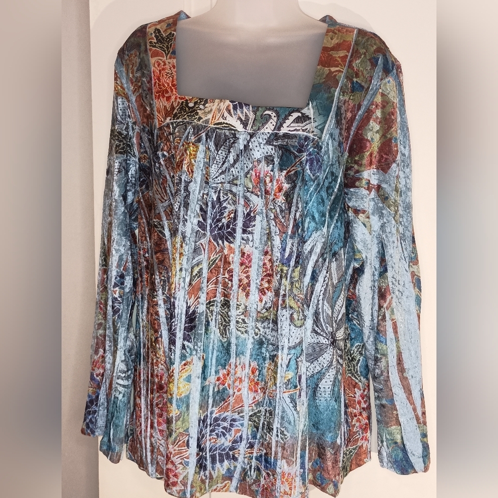 Susan Lawrence 1X Plus‎ Colorful Grunge Artsy Abstract Long Sleeve Top(#1,168)